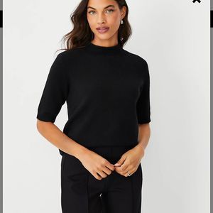 Ann Taylor Cashmere Black Mock Neck Short Sleeve Sweater Tee 🌸